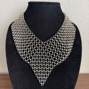 Silver Tone Chainmail Bib Necklace Statement Wide Mesh Collar Jewelry Boho Goth